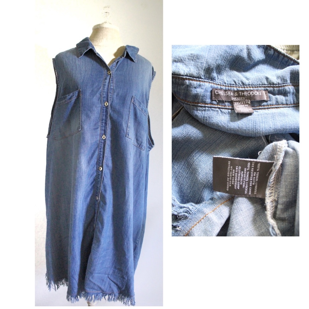 Chelsea & Theodore Plus Size Frayed Fringe Hem Denim Sleeveless Dress 3X Used